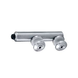 Door stop with twin metal fixing clamp on a horizontal shaft