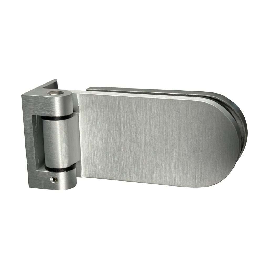 Glass hinge JPF-4071-8 with rectangular base and rounded extended leaf