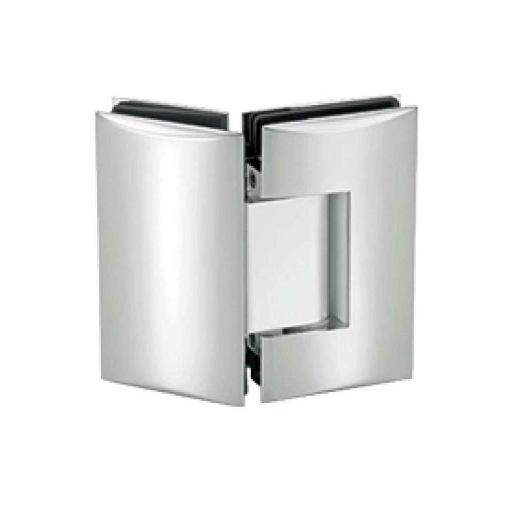Technical drawing of rounded edge brass 135 degree glass to glass hinge JSH-2052 for shower glass door