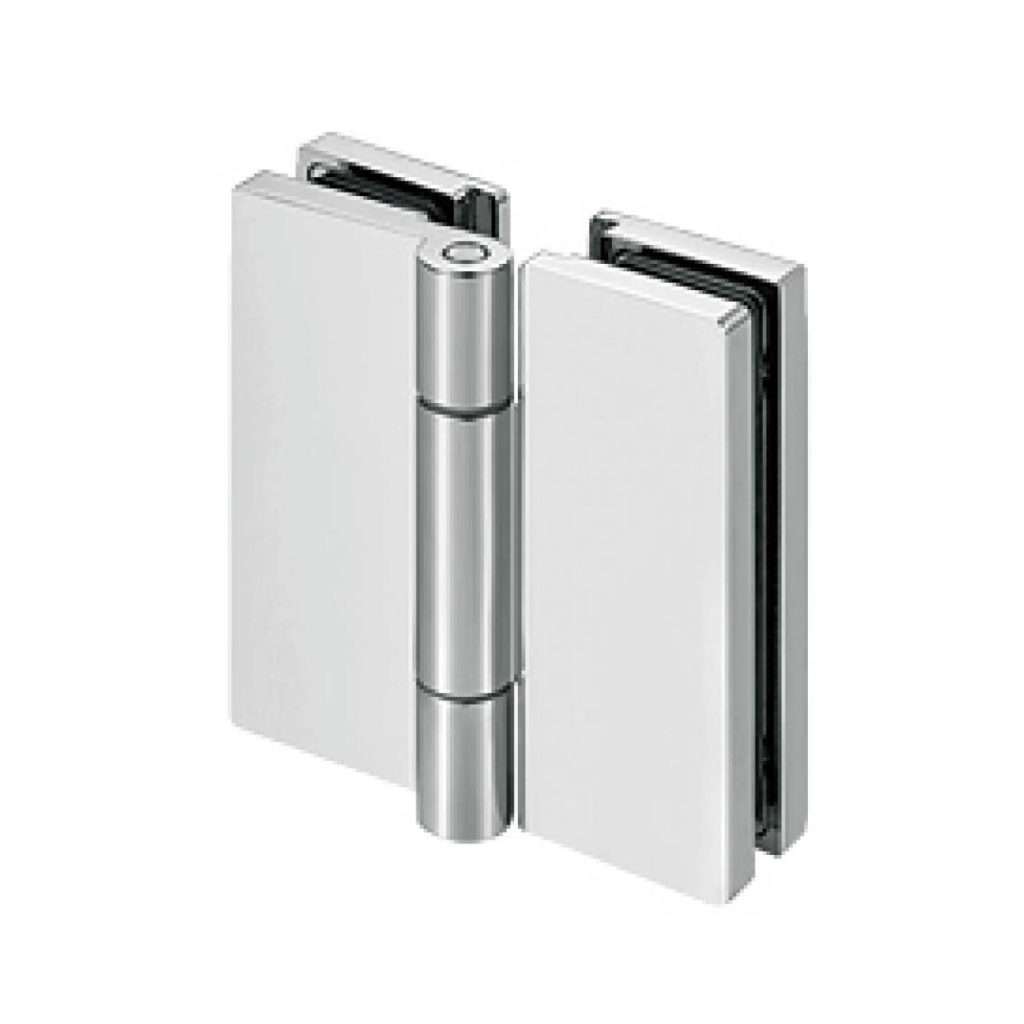 frameless glass to wall hinge with clean flat surfaces and concealed fasteners