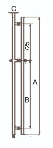 Technical drawing of tall round double-tube handle with side lock JDH-1950 for patch door