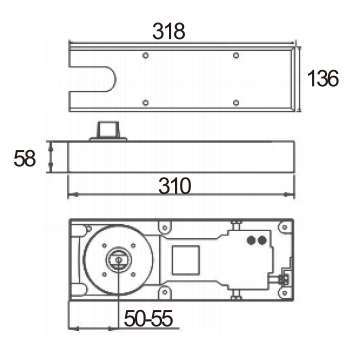 Technical drawing of floor spring JFS-1740 with rectangular stainless steel cover for patch glass door