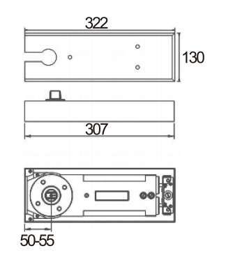 Technical drawing of floor spring JFS-1750 with rectangular stainless steel cover and centered knobfor patch glass door