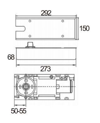 Technical drawing of floor spring JFS-1760 with stainless steel cover and black bottom enclosure