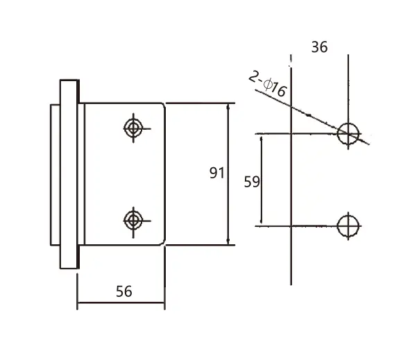 Technical drawing of shower door rectangular square-corner 90 degree glass to glass clampJGC-3011