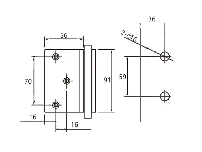 Technical drawing of shower door rectangular square-corner wall mount L shape clampJGC-3012