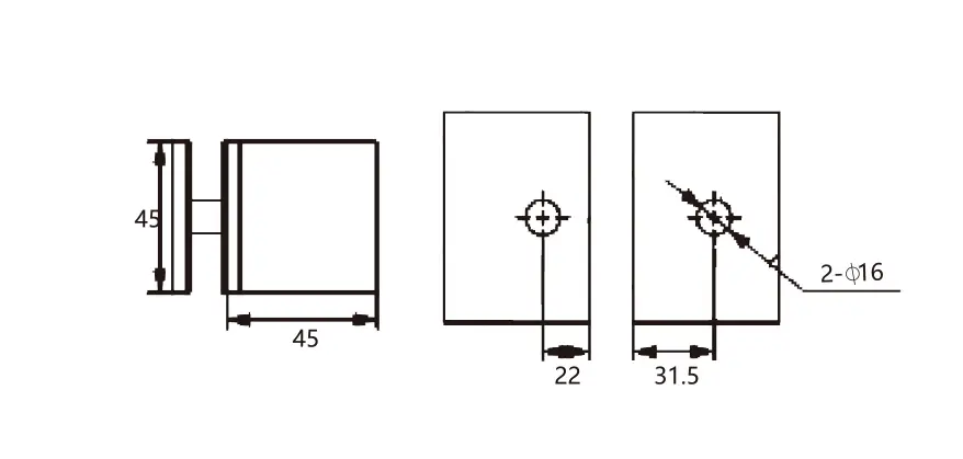 Technical drawing of shower door flat square-corner 90 degree glass to glass clamp JGC-3021