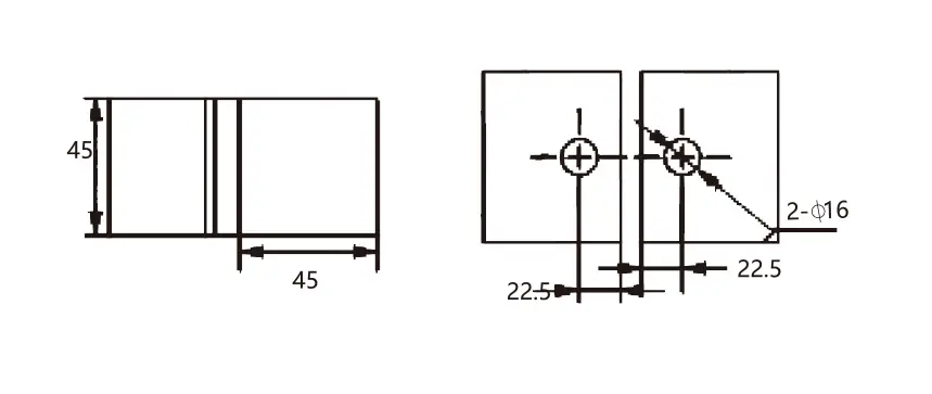 Technical drawing of shower door flat square-corner 135 degree glass to glass clamp JGC-3023