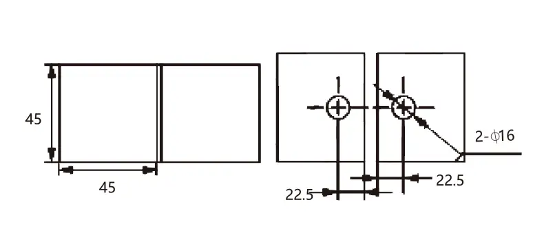Technical drawing of shower door flat square-corner 180 degree glass to glass clamp JGC-3024