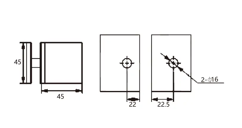 Technical drawing of shower door brass rounded flat-face 90 degree glass to glass clamp JGC-3031