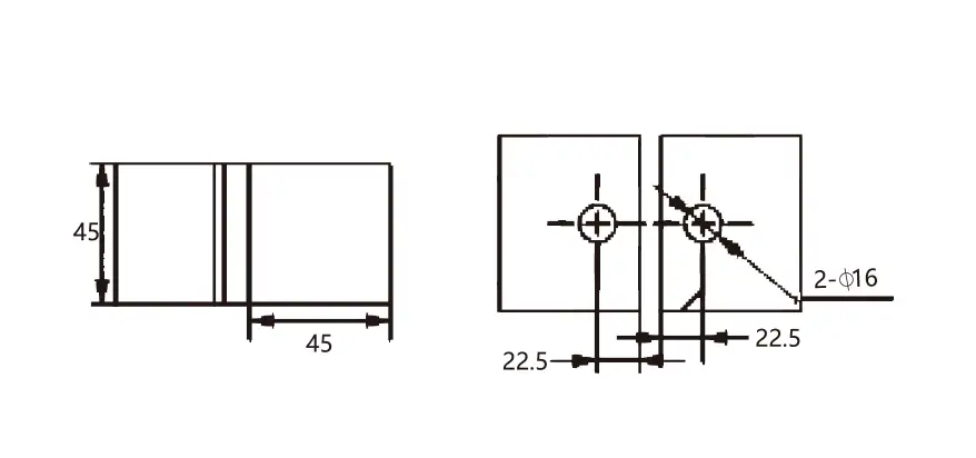 Technical drawing of shower door brass rounded flat-face 135 degree glass to glass clamp JGC-3033