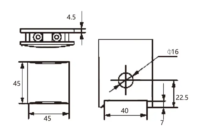Technical drawing of shower door brass curved-face 90 degree wall to glass clamp JGC-3050