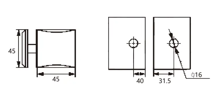 Technical drawing of shower door brass curved-face 90 degree glass to glass clamp JGC-3051