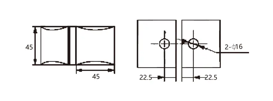 Technical drawing of shower door brass curved-face 135-degree glass to glass clamp JGC-3053