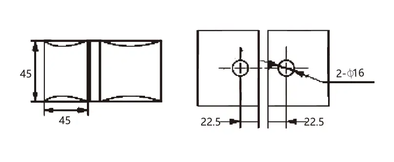 Technical drawing of shower door brass curved-face 180-degree glass to glass clamp JGC-3054