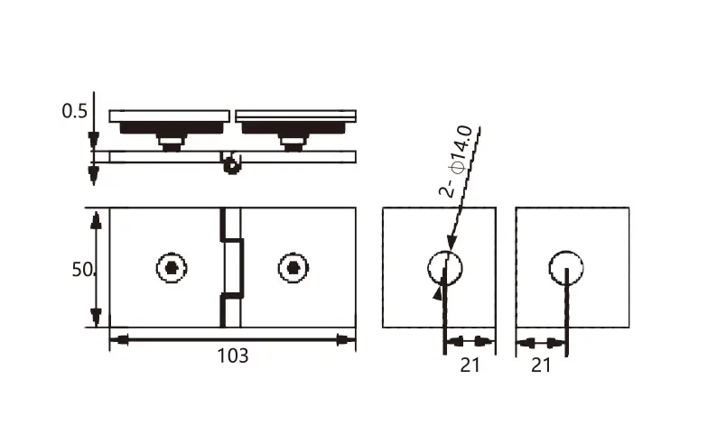 Technical drawing of frameless shower door adjustable glass-to-glass clamp JGC-3071