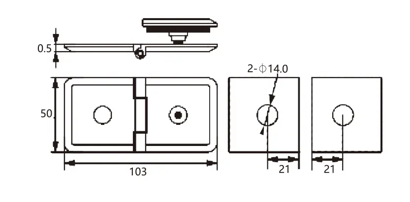 Technical drawing of shower door matt black brass rounded beveled-edge glass-to-wall clamp JGC-3080