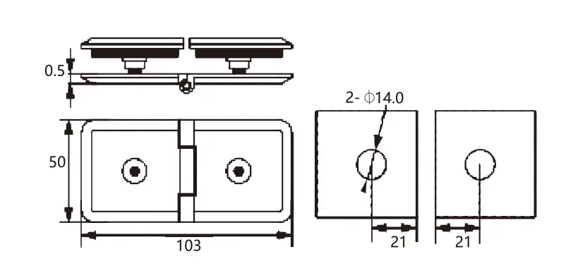Technical drawing of shower door polished brass rounded beveled-edge glass-to-glass clamp JGC-3081