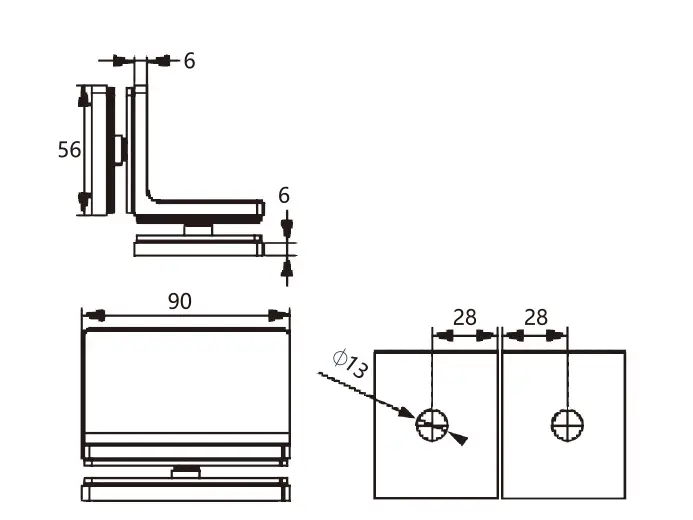 Technical drawing of frameless shower rounded-rectangle 90 degree glass to glass clamp JGC-3101