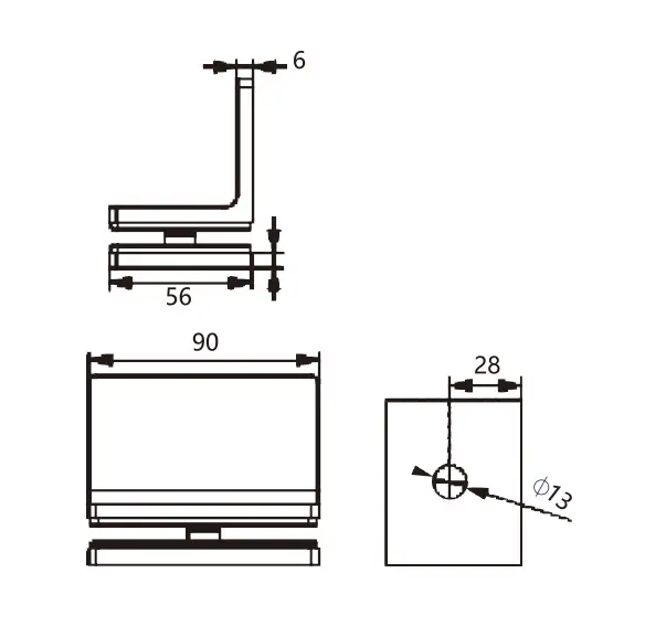 Technical drawing of frameless shower rounded-rectangle wall mount L shape glass clamp JGC-3102
