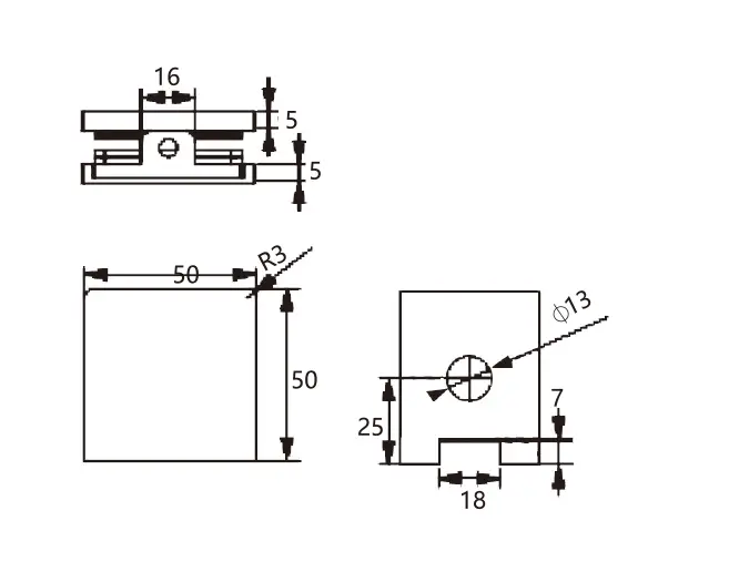 Technical drawing of frameless shower rounded-corner square 90 degree wall to glass clamp JGC-3110