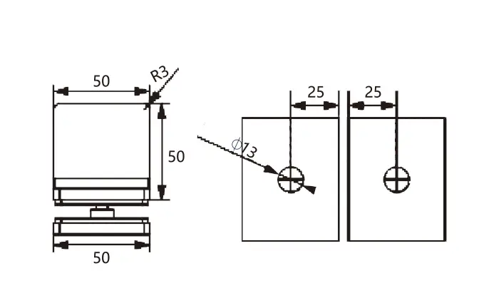 Technical drawing of frameless shower rounded-corner square 90 degree glass to glass clamp JGC-3111
