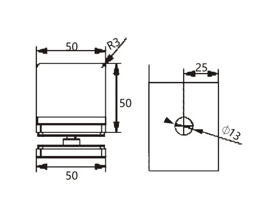 Technical drawing of frameless shower rounded-corner square wall mount L shape glass clamp JGC-3112