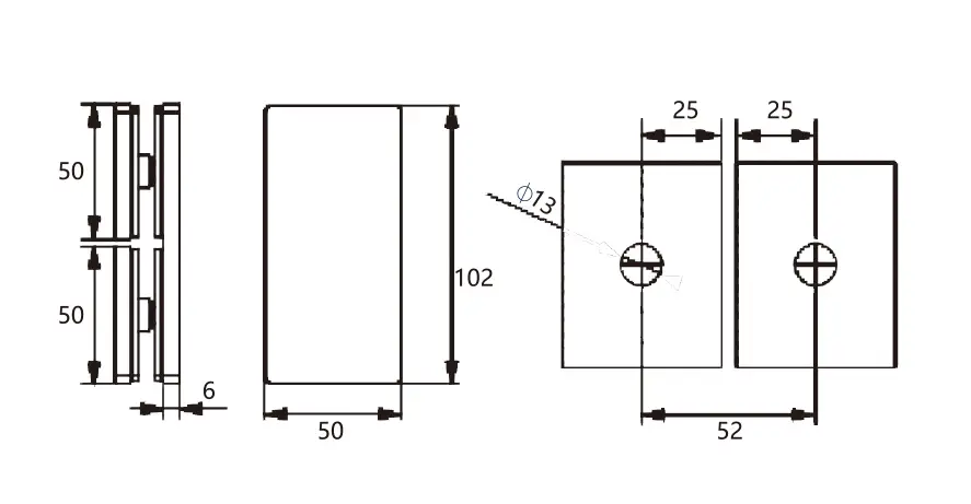 Technical drawing of frameless shower rounded-corner square 180 degree glass to glass clamp JGC-3114