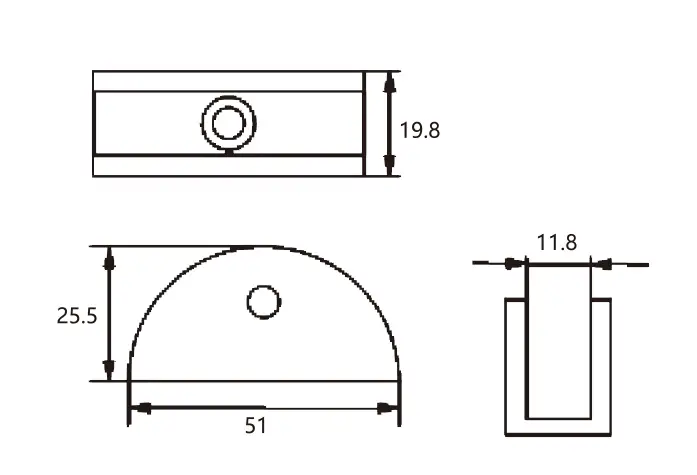 Technical drawing of frameless shower half-round 90 degree glass clamp
