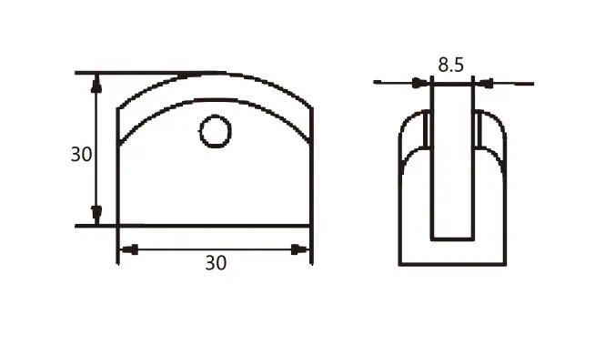 Technical drawing of frameless shower semi-curved 90 degree glass clamp JGC-3191