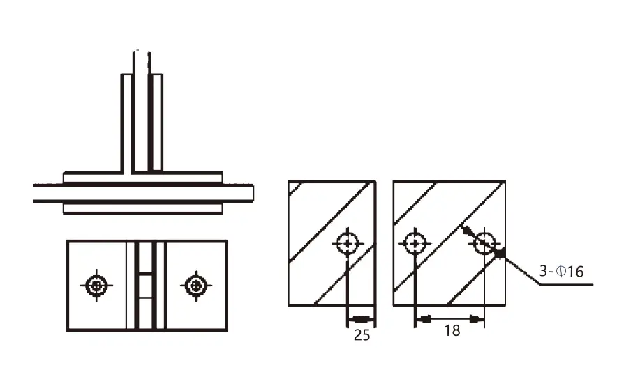 Technical drawing of frameless shower 90 degree T-shape glass clamp JGC-3194