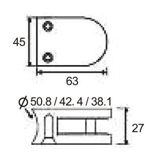 Technical drawing of half rounded railing clamp JGC-9323 with vertically aligned front screws