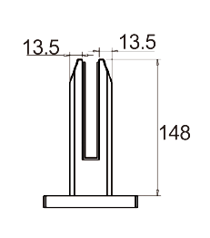Technical drawing of short rectangular railing spigot JGS-9130 with rounded top slot and square base