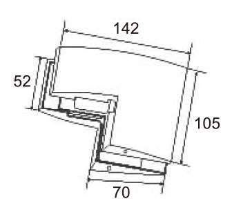 Technical drawing of tapered L-shaped connector patch JPF-1150 for patch glass door
