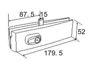 Technical drawing of tapered rectangular corner lock JPL-1170 with key cylinder for patch glass door