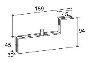 Technical drawing of L-shape corner patch JPF-1240 with pivot pin for patch glass door