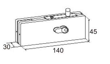 Technical drawing of rectangular corner lock JPL-1270 with side cylinder for patch glass door