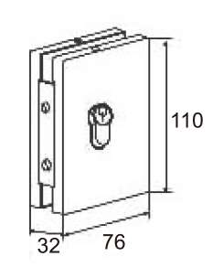 Technical drawing of rectangular center lock JPL-1271 with front cylinder for patch glass door