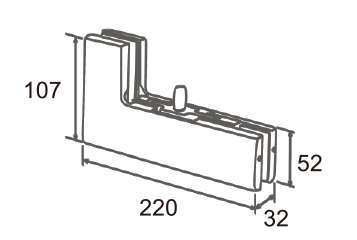 Technical drawing of L-shape corner patch JPF-1340 with pivot pin for patch glass door