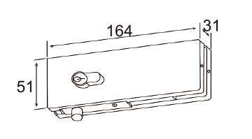 Technical drawing of rectangular patch lock JPL-1370 with top latch bolt for patch glass door