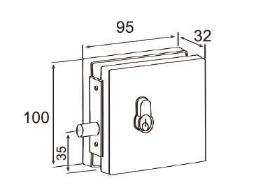 Technical drawing of rectangular patch lock JPL-1371 with front cylinder for patch glass door
