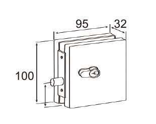 Technical drawing of square patch lock JPL-1373 with bottotch bolt for patch glass door