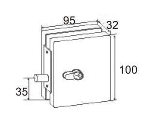 Technical drawing of square patch lock JPL-1373A with top latch bolt for patch glass door