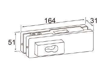 Technical drawing of rectangular corner lock JPL-1070 with side cylinder for patch door