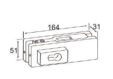 Technical drawing of rectangular corner lock JPL-1070A with front cylinder for patch door