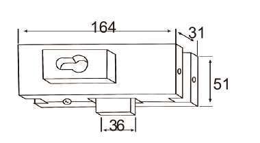 Technical drawing of rectangular center lock JPL-1071 with front cylinder for patch door