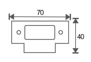 Technical drawing of slim rectangular lock plate with center latch slot and two screw holes