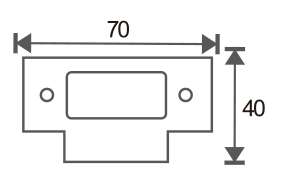 Technical drawing of slim rectangular lock plate with center latch slot and two screw holes