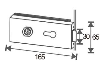 Technical drawing of rectangular frameless mechanical lever lock JPL-4074 with a keyhole