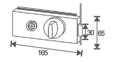Technical drawing of rectangular frameless mechanical lever lock JPL-4074A with a round privacy turn knob